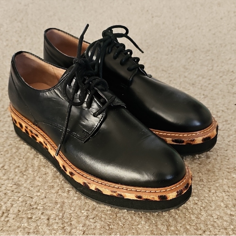 Halogen Black Leather Oxfords with Tan Leopard Accents